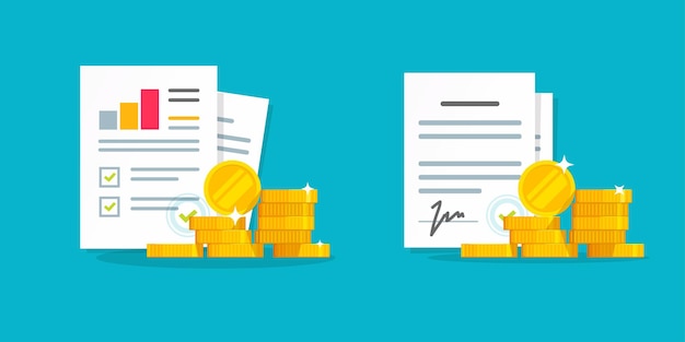 Document de rapport d'argent d'analyse et dessin animé plat d'icône de contrat d'accord
