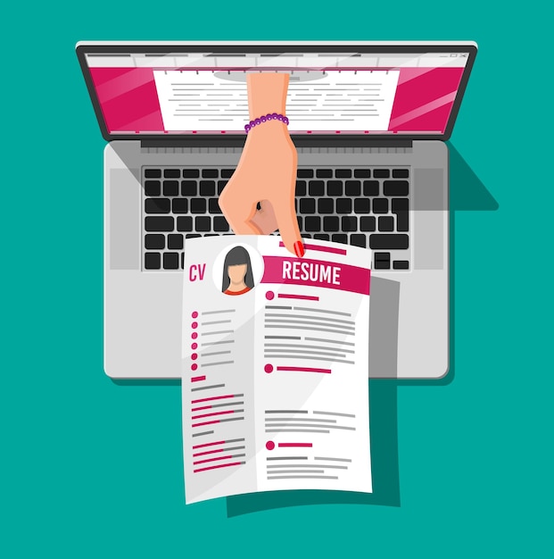 Document de reprise du travail à partir d'un ordinateur portable. Main tenant des papiers de curriculum vitae cv. Concept de gestion des ressources humaines, recherche de personnel professionnel, travail. Trouvé bon CV. Illustration vectorielle dans un style plat