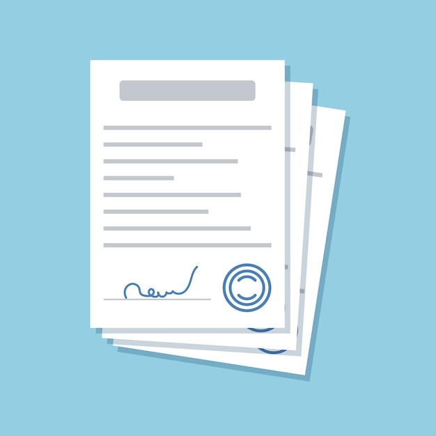 Document avec timbre et icône de texte dans un style plat Livres blancs illustration vectorielle sur fond isolé Concept d'entreprise de signe de document confirmé ou approuvé