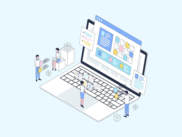 Documentation commerciale Illustration isométrique Couleur linéaire. Convient pour les applications mobiles, les sites Web, les bannières, les diagrammes, les infographies et autres éléments graphiques.