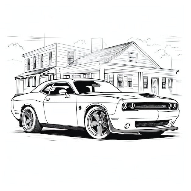 Dodge Challenger Hellcat dans une salle d'exposition de voitures Meilleur dessin à la main Livre coloré EPS