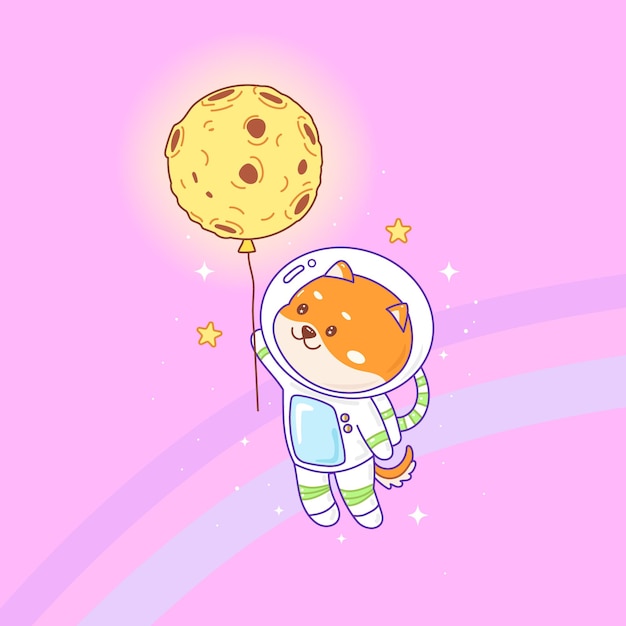 Doge Coin Dessin Animé Shiba Inu Tenant Le Ballon Lunaire Dans La Galaxie Avec étoiles Et Arc-en-ciel