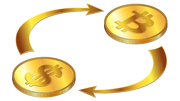 Dollars USD et Bitcoin BTC concept isométrique de circulation avec des pièces d'or et des flèches cycliques isolées sur blanc Rotation de l'argent numérique Élément de conception vectorielle