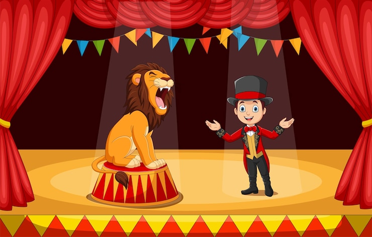 Vecteur dompteur de cirque de dessin animé avec lion sur scène