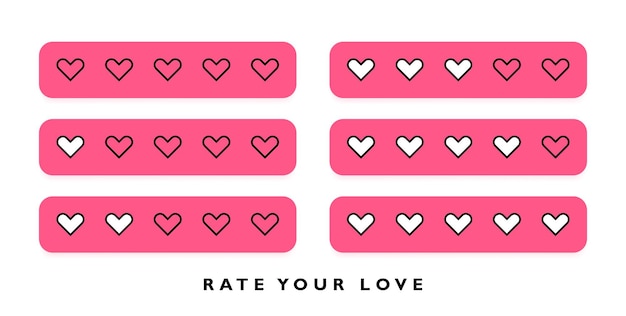 Donner cinq concepts de notation cardiaque Évaluez vos badges d'amour avec des coeurs isolés sur fond blanc Examinez les commentaires ou le concept de satisfaction Illustration vectorielle