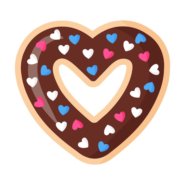 Donut au chocolat en forme de coeur de la Saint-Valentin avec glaçage et coeurs. Illustration isolée de dessin animé de vecteur.