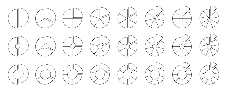 Vecteur donut et camembert avec des tranches coupées diagrammes de roue et de cercle avec ensemble collection de sections de contour
