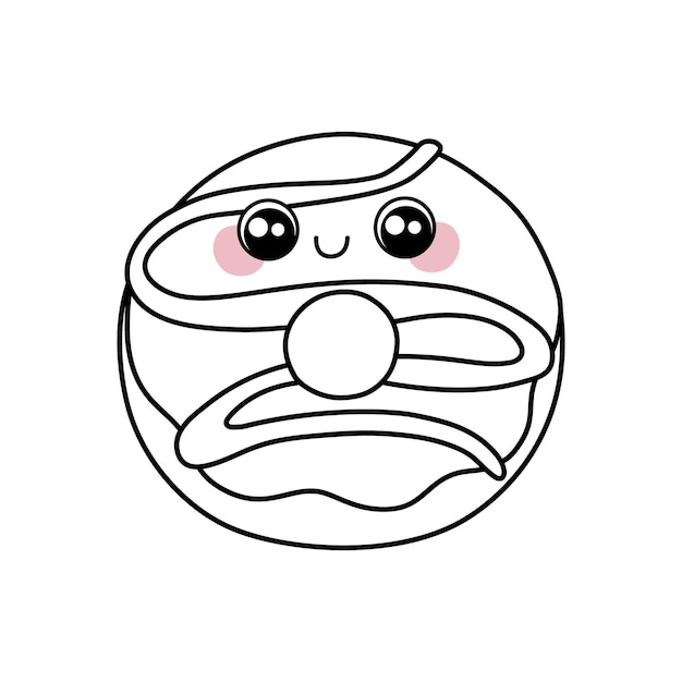 Vecteur donut avec de grands yeux mignons et des joues roses. dessert de dessin animé kawaii mignon. illustration de la ligne de griffonnage