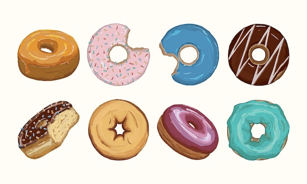 Vecteur donuts dessinés à la main aquarelle vector illustration set