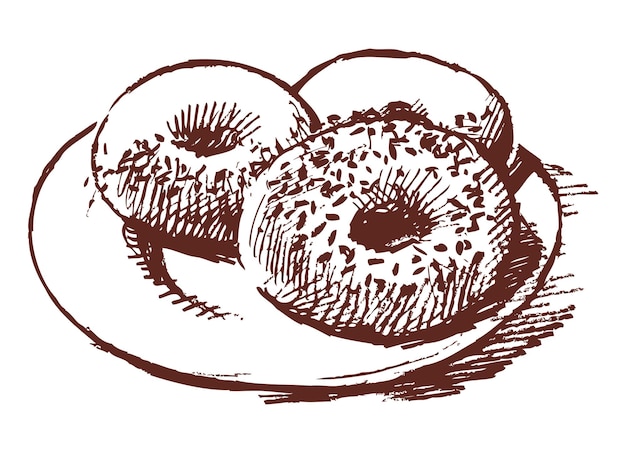 Vecteur donuts frais doux trois sur assiette produits de boulangerie délicieuse texture vectorielle dessin à la main isolé sur blanc