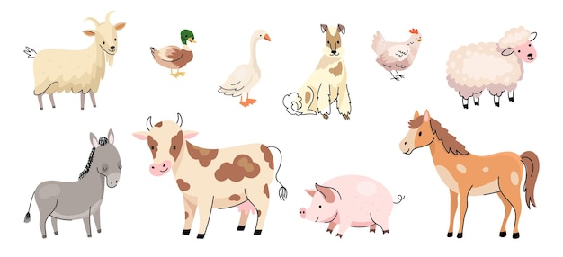 Vecteur doodle animaux de ferme personnages fermes d'animaux dessin animé veau chèvre et mouton vache isolée et cheval canard et poulet ensemble vectoriel agricole actuel