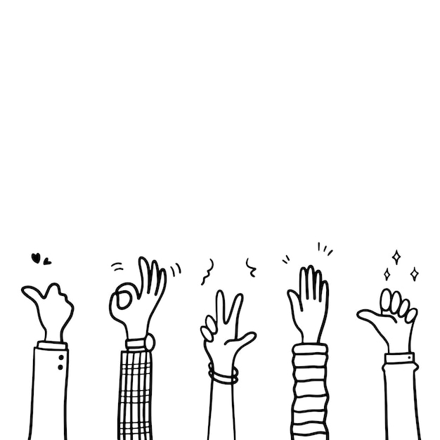 Doodle applaudissements gestes de mains en l'air ou mains applaudissant félicitations thème d'affaires en vecteur