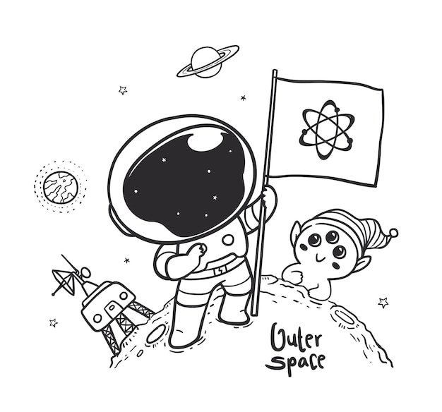 Doodle Astronaute Portant Un Drapeau Dans L'espace Avec Des Extraterrestres