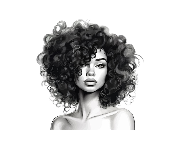 Doodle Belle femme à la peau noire avec des cheveux bouclés Conception d'illustration vectorielle