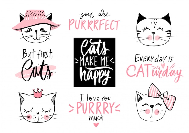 Doodle Cats illustration et citations de chaton, lettrage miaou. Ensemble mignon avec des animaux de compagnie hipster drôles, des phrases de minou à la mode