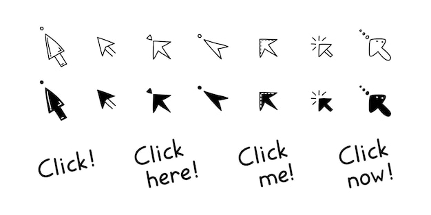 Doodle cliquez ici ensemble de boutons différents curseurs de souris avec des lettres pour le site Web ou l'application informatique