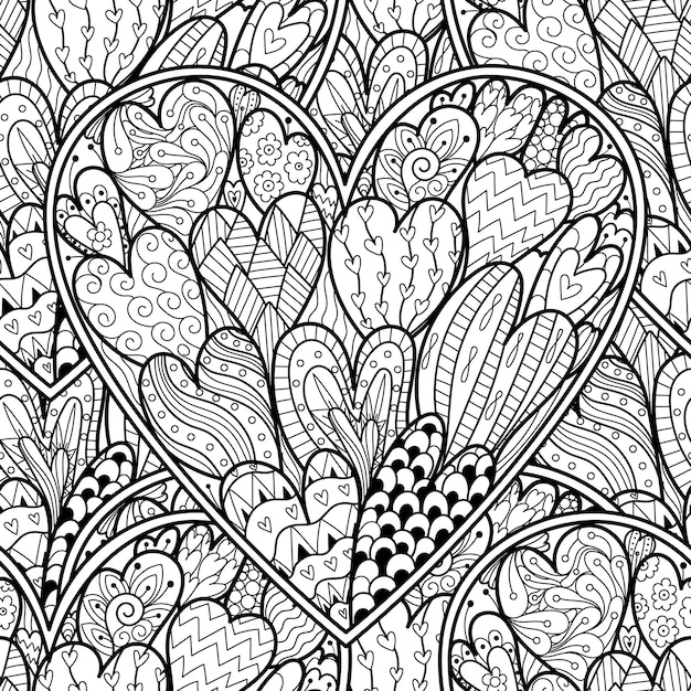 Vecteur doodle coeurs noir et blanc modèle sans couture pour livre de coloriage fond de contour de mandala d'amour page de coloriage créative pour adultes et enfants illustration vectorielle