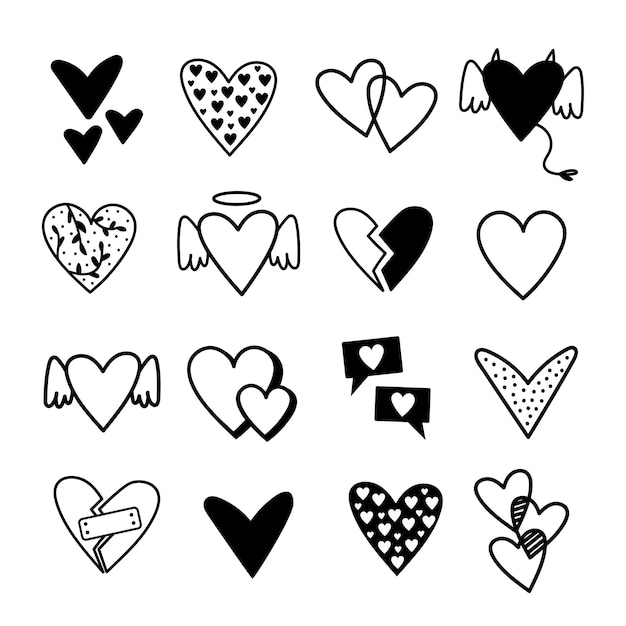 Doodle coeurs vectoriels en icônes noir et blanc pour la saint valentin