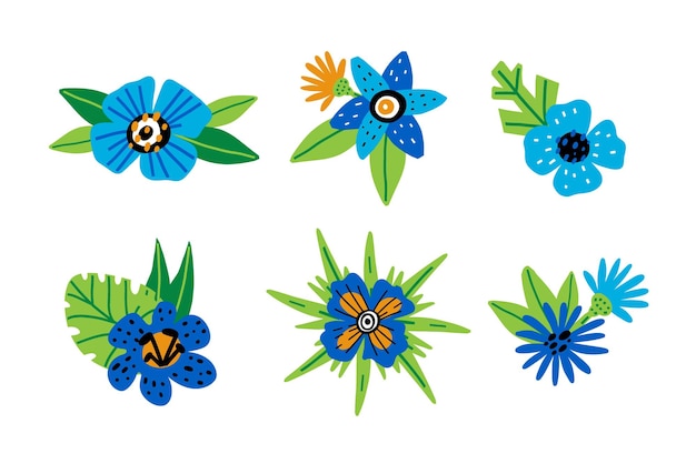 Doodle Composition Florale Feuilles De Dessin Animé Dessinés à La Main Et Fleurs Bleues Décor Botanique Abstrait Décoratif Printemps été Décoration Ensemble Illustrations Vectorielles Isolées