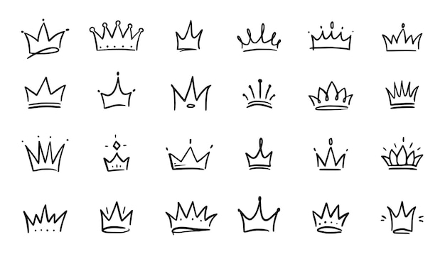 Vecteur doodle couronne dessinés à la main ensemble doodle princesse couronne reine diadème ligne croquis élément royal reine roi dessinés à la main élément de conception simple isolé