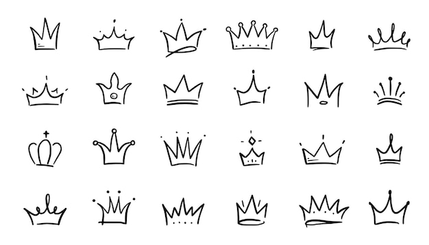 Doodle couronne dessinés à la main ensemble Doodle princesse couronne reine diadème Ligne croquis élément royal Reine roi dessinés à la main élément de conception simple isolé