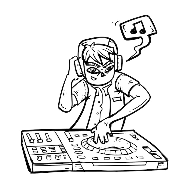 Vecteur doodle croquis d'un dj jouant une platine