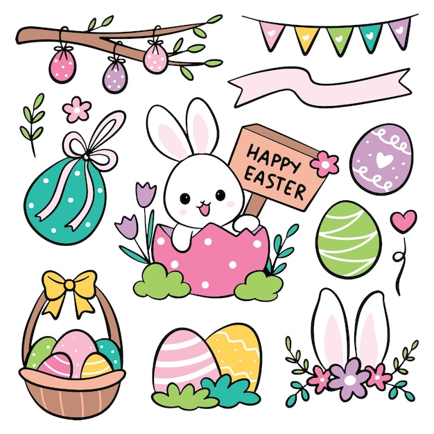 Doodle de dessin animé dessiné à la main avec un œuf de Pâques et un lapin