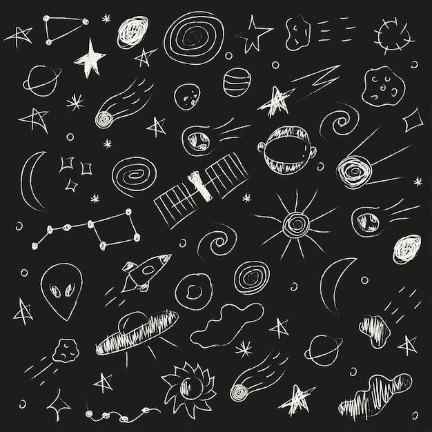 Doodle Dessiné à La Main De Vecteur De Planètes Spatiales Extraterrestre Grande Louche Soleil Trou Noir Fusée Lune Etc.