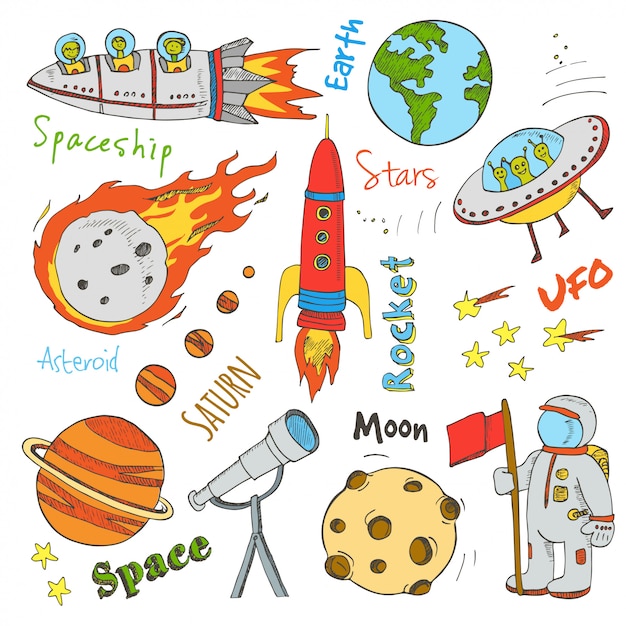 Doodle Dessinés à La Main Astronomie. étoiles, Planète, Transport Spatial Utilisé Pour L'enseignement Scolaire Et La Décoration De Documents. Illustration.