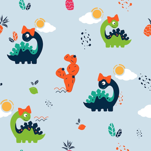 Vecteur doodle dino motif imprimé dessin animé dino bleu pépinière papier peint mignon dinosaure modèle sans couture
