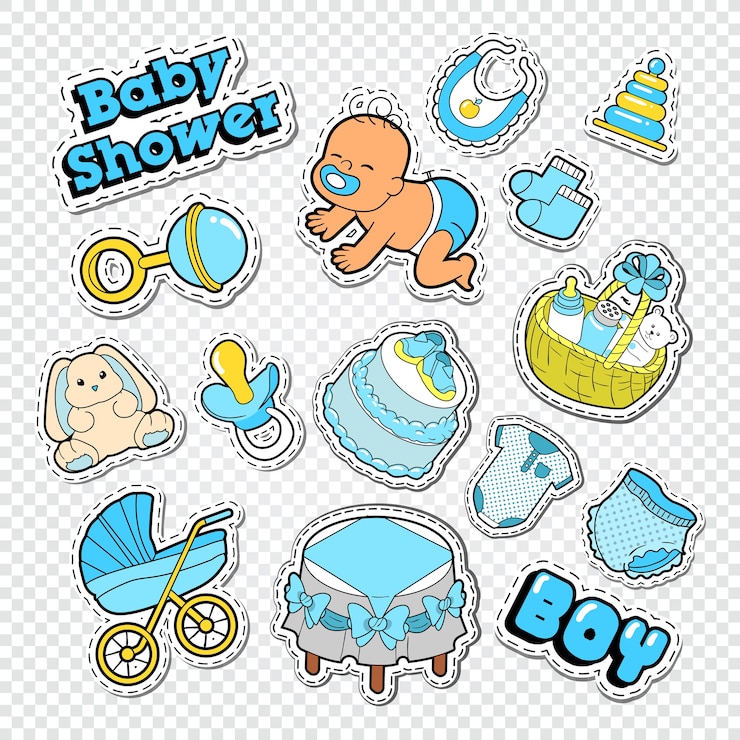 Vecteur doodle de douche de bébé avec des jouets et des chaussettes