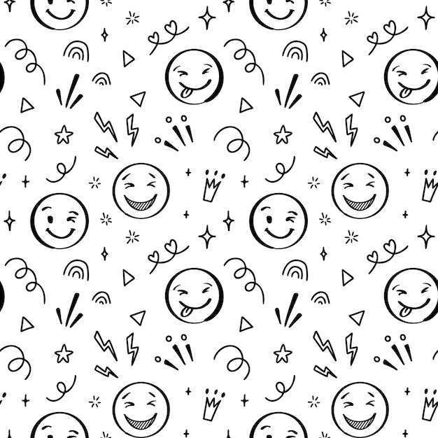 Vecteur doodle emoji modèle homogène dessiné à la main dessin positif emoticons arrière-plan