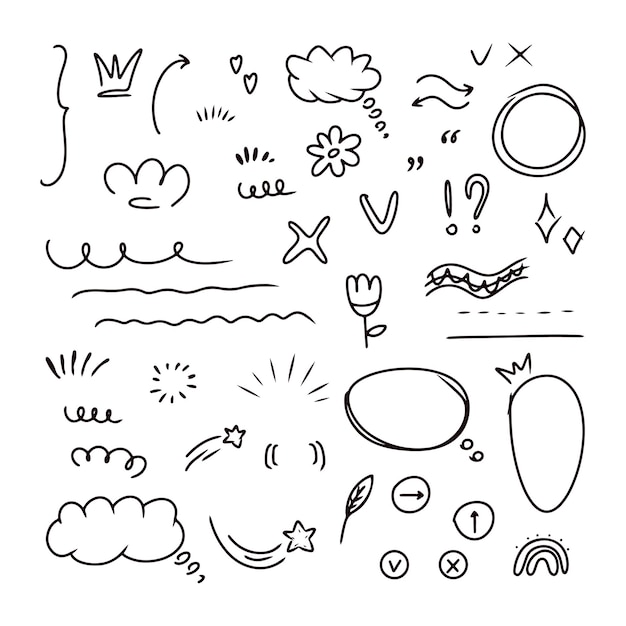Vecteur doodle emphase, soulignement, flèche, jeu de formes scintillantes. surbrillance de ligne mignonne dessinée à la main, bulle de dialogue