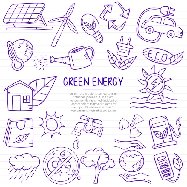 Doodle D'énergie Verte Dessinés à La Main Avec Un Style De Contour Sur La Ligne De Livres En Papier