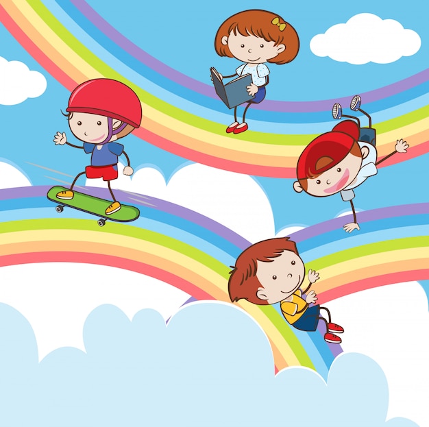 Doodle Enfants Jouant Sur Arc-en-ciel