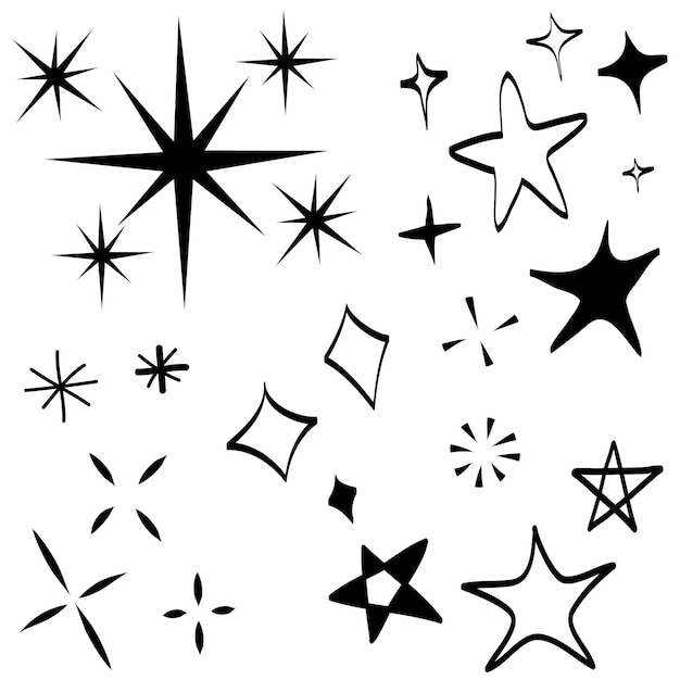 Doodle ensemble d'étoiles vectorielles scintillent icône icône de surface propre Étoiles à effet de lumière rougeoyante et éclat brillant isolé sur illustration vectorielle fond blanc