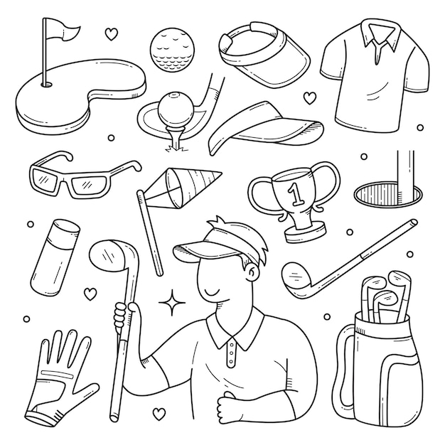 Vecteur doodle ensemble d'outils et d'équipements de sport de golf illustration vectorielle dessinée à la main