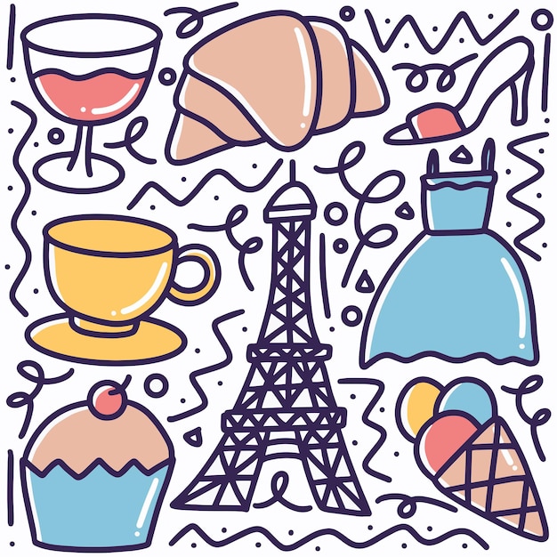 Doodle Ensemble De Vacances à Paris Dessin à La Main Avec Des Icônes Et Des éléments De Conception