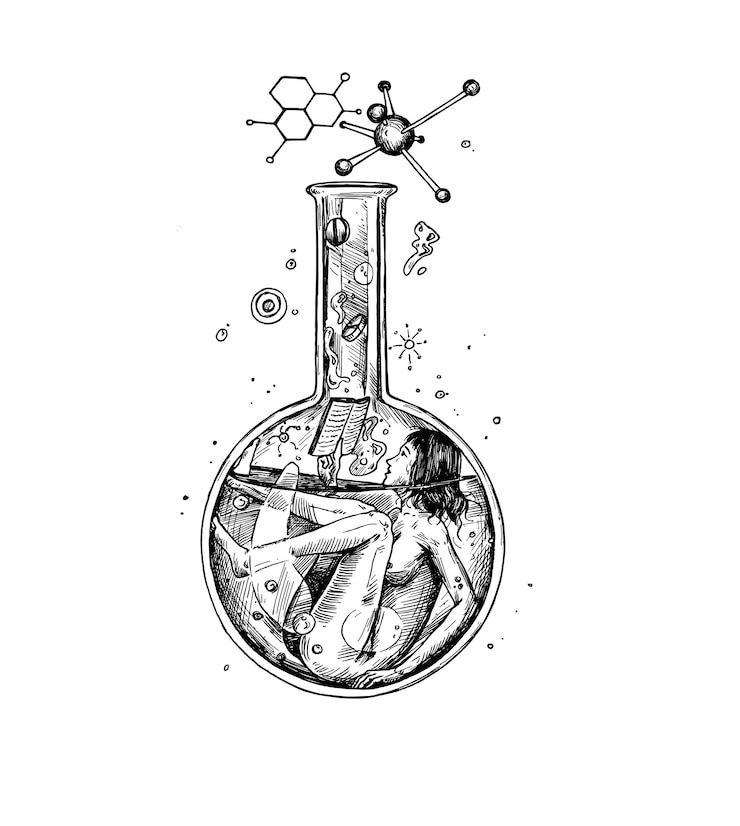 Vecteur doodle de femme scientifique avec un verre de chimie lisant une réaction chimique.