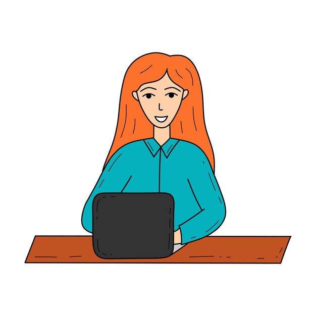 Vecteur doodle femme travaillant avec ordinateur portable vector illustration isolé