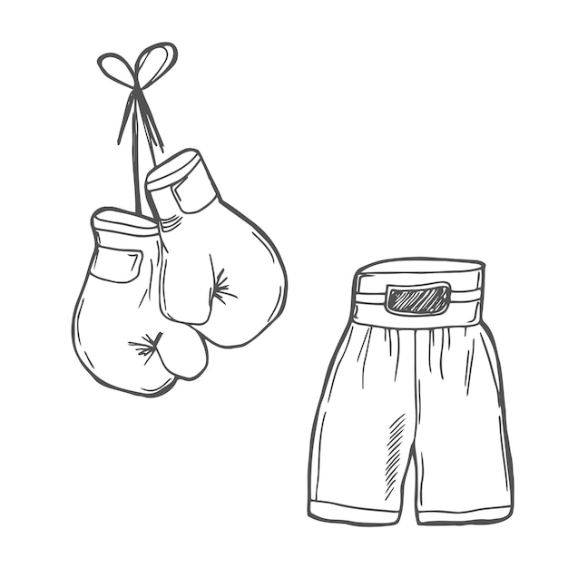 Vecteur doodle gants de boxe et shorts croquis illustration en ligne noire et blanche