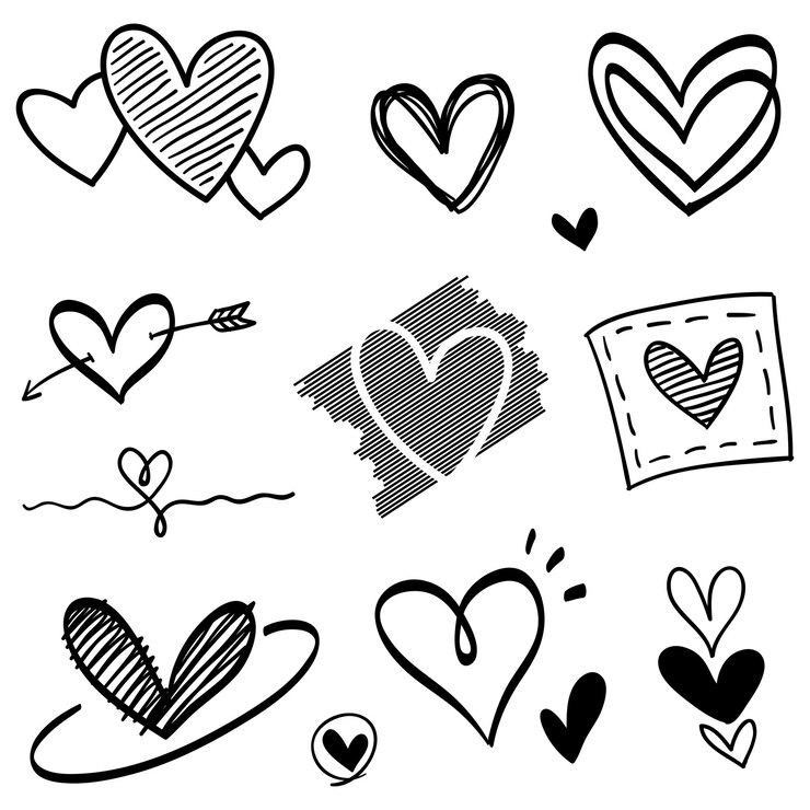 Vecteur doodle hearts coeurs d'amour dessinés à la main illustration vectorielle