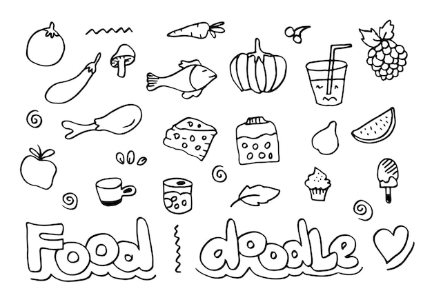 Doodle icônes alimentaires avec lettrage en vecteur