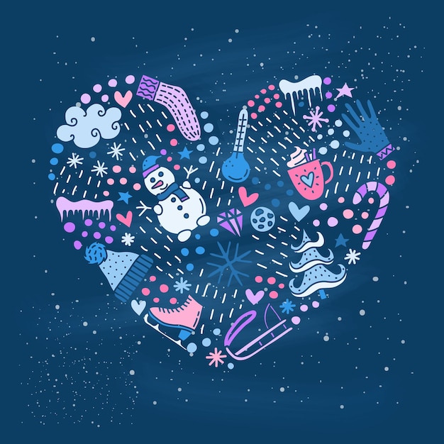 Doodle Icônes D'hiver En Forme De Coeur