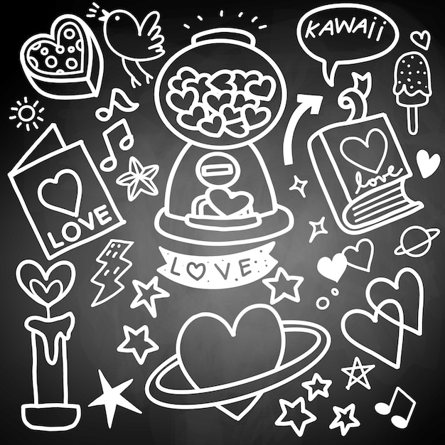 Doodle Illustrations De Collection D'éléments De La Saint-valentin Isolées Sur Fond De Tableau Noir