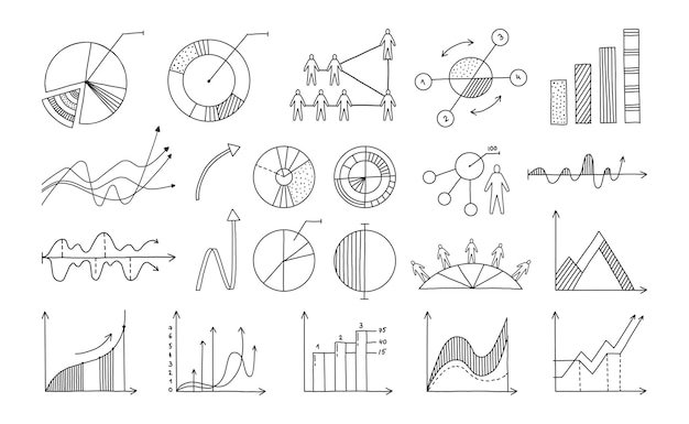 Doodle infographie Éléments graphiques d'affaires dessinés à la main pour la présentation et les rapports Modèles de diagrammes ou de schémas minimalistes Croquis de barres de progression en noir et blanc Ensemble de graphiques d'informations vectorielles