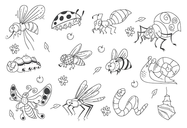 Doodle insecte bug design élément abstrait dessin au trait ensemble