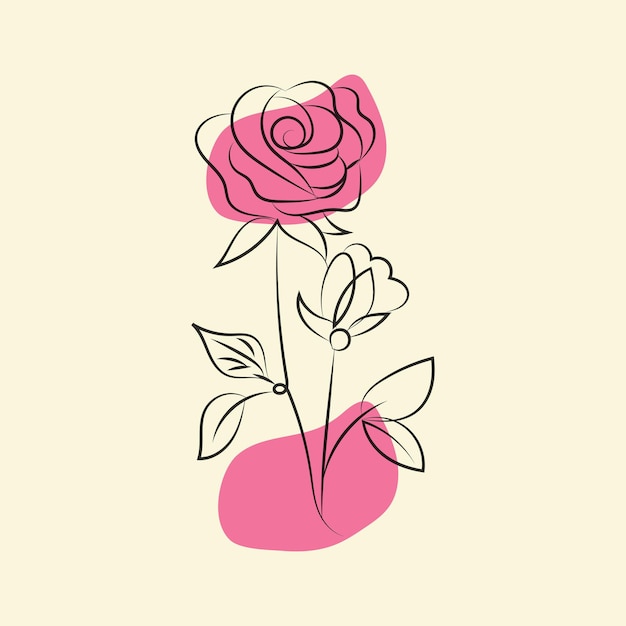 Vecteur doodle isolé d'art de ligne de fleur de rose avec l'élément de feuilles