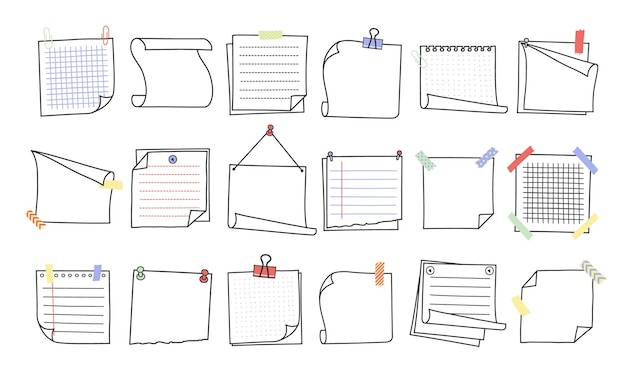 Doodle jeu d'illustrations vectorielles de notes et de rappel dessinées à la main