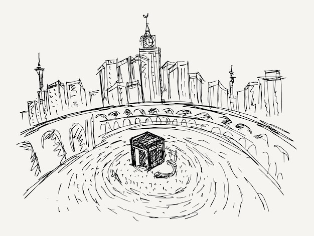 Vecteur doodle de la kaaba avec des musulmans faisant le thawaf à la mecque en arabie saoudite